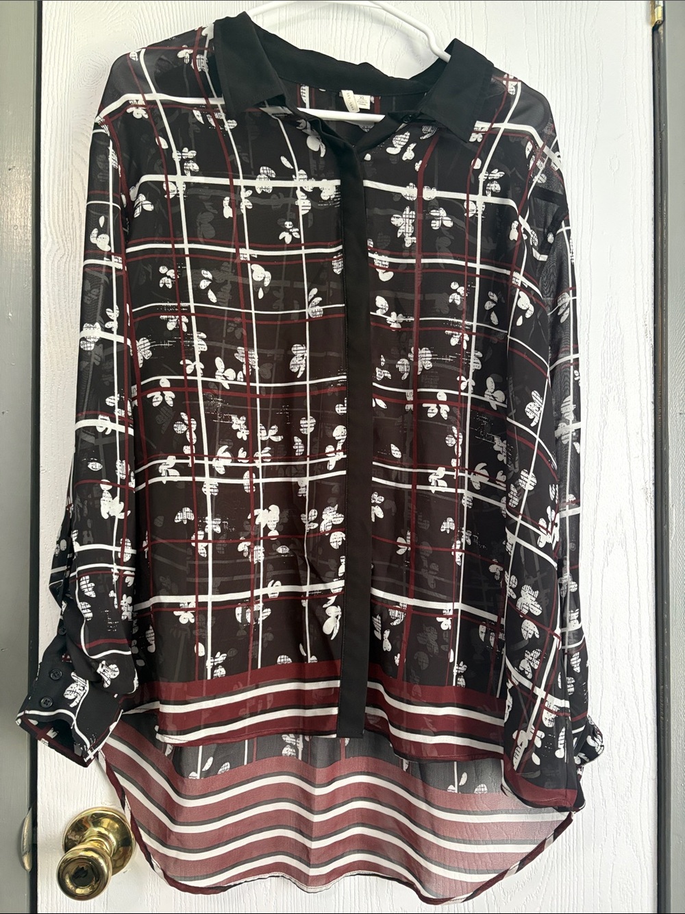 Cato Black Sheer Floral Plaid Button-Down Shirt with Burgundy Accents